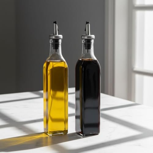 2'li Cam Yağlık Sirkelik Seti - Otomatik Açılan Paslanmaz Çelik Kapaklı ve Akıtmaz Özel Ağızlı, 500 ml, Cam - Yağ, Sirke ve Soslar İçin Paslanmaz Çelik Ağızlı ve Otomatik Kapaklı