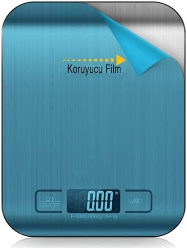 Dijital Mutfak Terazisi – Paslanmaz Çelik Yüzeyli Hassas Tartı, 5 kg Kapasiteli, Dara Özellikli, LCD Ekranlı, 5 Birim Dönüşümlü, Pilli,Dijital Tartı