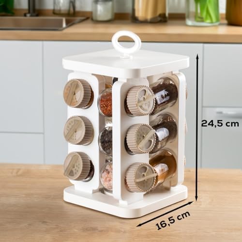 1082 Kare Prizma Döner Standlı Döner Kapaklı 12'li Cam Baharatlık-Düzenleyici Organizer-Beyaz Cappuccino