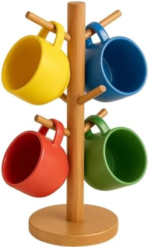 Ahşap Bambu Kupa Bardak Askısı 6'lı Stand Doğal Mutfak Tezgahı İçin Kupa Standı Bardak Tutucu Modern Dekoratif Dayanıklı Kolay Kurulumlu Organizer (Yuvarlak)