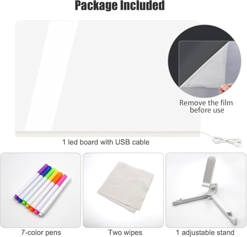 LED Işıklı Akrilik Yazı Tahtası – 20x20 cm Şeffaf Masaüstü Not Panosu, USB Bağlantılı, 7 Renkli Kalem ve Stand Dahil, Çocuklar İçin Eğlenceli Yazı Tahtası, Masa Dekoratif Ledli Işık Panosu (20x30 Cm)