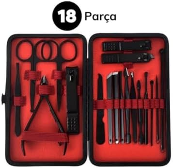 18 Parça Profesyonel Manikür Pedikür Seti – Tırnak Bakım Kiti, Siyah Çelik Aletler, Taşınabilir Deri Çanta