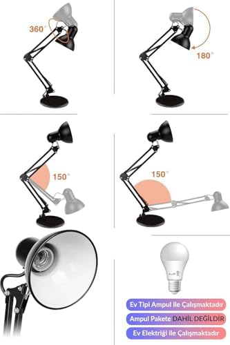 Akrobat Tertial Masa Lambası – 360° Hareketli Oynar Başlıklı Metal Gövde, Masa Üstü Çalışma ve Kitap Okuma Lambası, Sağlam Malzeme ile Uzun Ömürlü Aydınlatma-Ev Tipi Ampül (Siyah)