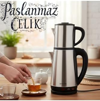 Crwn Elektrikli Çay Makinesi Çelik Çaydanlık Takımı Su Isıtıcı Türk Çayı 1800W