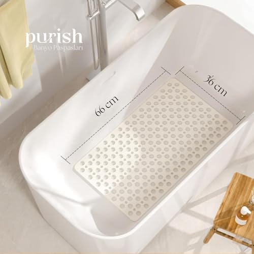 | Kaymaz Banyo Paspası | Beyaz | 66x36cm – Dikdörtgen Duş Matı, Küvet Paspası | Güçlü Vantuzlu, Su Tahliyeli, Yumuşak | Makinede Yıkanabilir | Kaydırmaz Zemin Matı