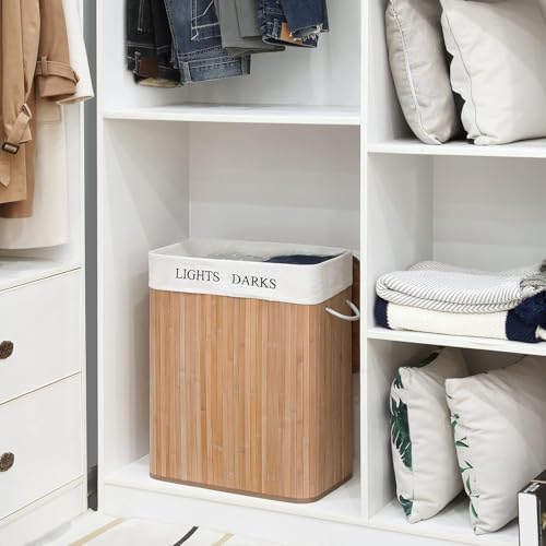 Doğal Bambu Katlanabilir Kirli Çamaşır Sepeti, Yıkanabilir Çıkarılabilir Astar Torbalı, Sele Görünümlü Şık ve Dayanıklı Çamaşır Sepeti, Kapaklı ve Ergonomik Tasarım (2 Bölmeli)