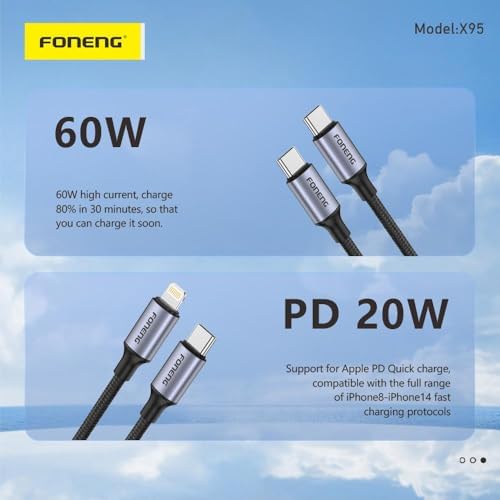 Foneng X95 Hızlı Şarj Özellikli Type-C to Lightning Kablo 20W, 1.2 Metre, Siyah
