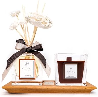 Masif Ahşap Tepsili Vıp Dark Amber Oda Kokusu ve Mum Seti