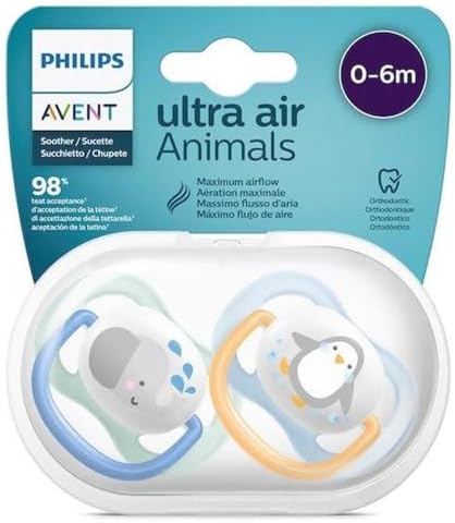Philips Avent Ultra Air Emzik, Erkek Bebekler için 0-6 Ay, 2’li Paket, Ortodontik Silikon, Geniş Hava Delikli, Mikrodalga Sterilize Edilebilir, BPA İçermez, Taşıma Kutulu, SCF080/05