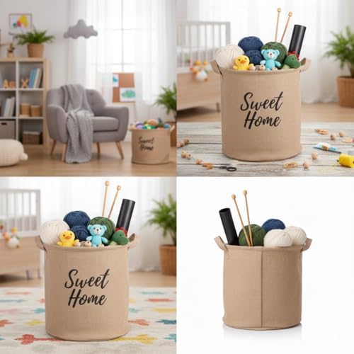 " " Yuvarlak Jüt Düzenleyici Sepet (Çap 32cm, Yükseklik 36cm) – Krem Renk Katlanabilir Kumaş Kulplu Organizer | Büyük Boy Oyuncak, Çamaşır, Battaniye ve Ev Tekstili Sepeti