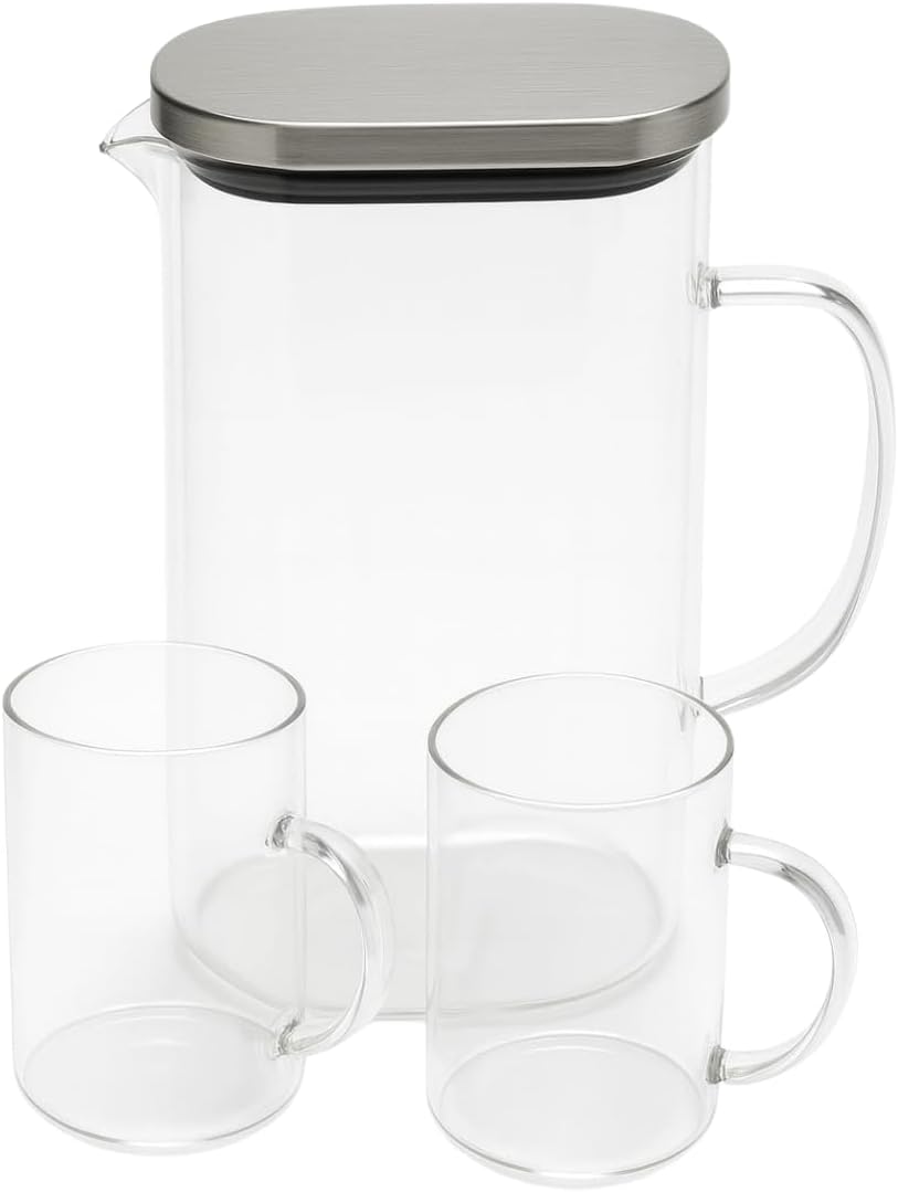 1800 ml Cam Sürahi ve 2’li Bardak Seti – Paslanmaz Çelik Kapaklı Dayanıklı Şeffaf Su, Çay, Meyve Suyu Servis Seti