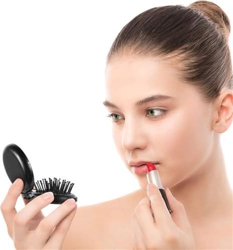 Aputue Katlanır Seyahat Aynası Saç Fırçası, 1 Adet Portatif Katlanabilir Mini Cep Fırçası, Kompakt Açılır Cep Masaj Fırçası, Kadınlar ve Kızlar İçin Hava Yastıklı Tarak (Siyah)