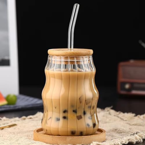500ml Bambu Kapaklı Cam Bardak, Cam Pipetli Silikon Kapak Contalı Desenli Soğuk İçecekler Kahve Meyve Suları ve Çayları için Şık Ergonamik Tasarım