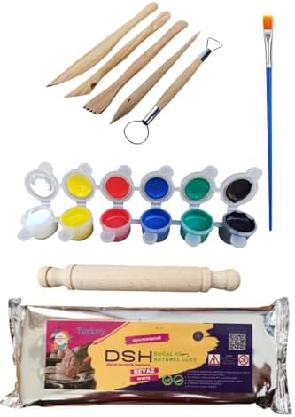 DSH Doğal Seramik Hamuru Seramik Hamuru Başlangıç Seti 3-6lı Boya 5li Ebeşuar Merdane 1000 Gr Beyaz Doğal Kil beyaz