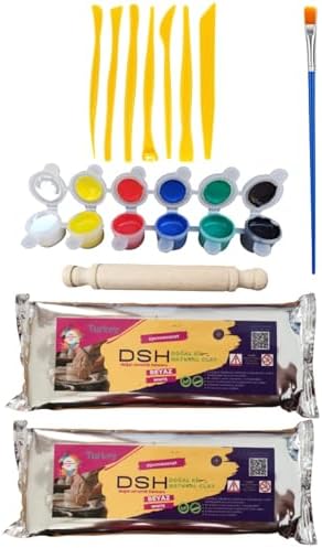 DSH Doğal Seramik Hamuru 2li Seramik Başlangıç Seti 6-7li Ebeşuar,2 Adet 1000 Gr Kil Hamuru ve 6'lı Boya ve Fırça ve Merdane beyaz