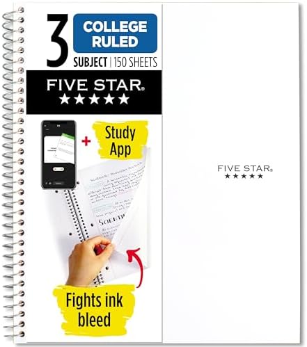 Star Spiral Defter + Çalışma Uygulaması, 3 Konu, Kolej Çizgili Kağıt, Mücadele Mürekkep Kanaması, Suya Dayanıklı Kapak, 8-1/2 "x 11", 150 Yaprak, Beyaz (72464)