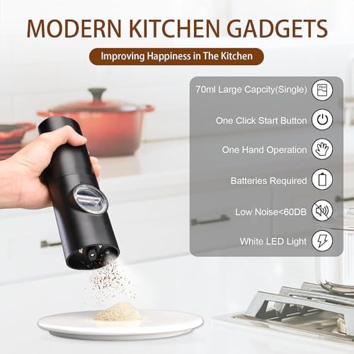 Elektrikli Tuz ve Karabiber Öğütücü, LED Işıklı Elektrikli Karabiber Değirmeni, Tek Elle Çalıştırma, Ayarlanabilir Öğütme Kalınlığı, Pil Dahil Değildir (Siyah)