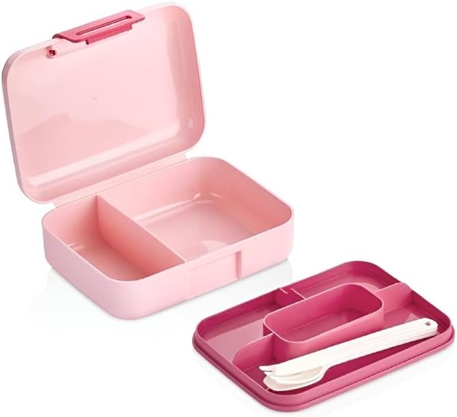2 Katlı 1.6 Litre 3 Bölmeli Bento Öğle Yemeği Kutusu, Çatal Bıçak Kaşık Hediyeli, BPA İçermeyen PP Plastik Sefer Tası, Beslenme Kutusu, Dayanıklı ve Sağlıklı Lunch Box (Pembe)