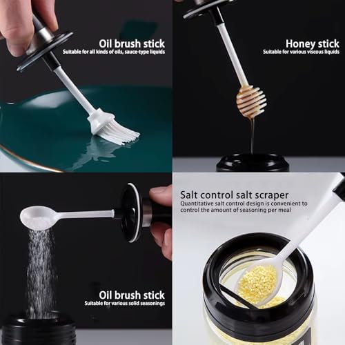 Cam Baharatlık Seti, 6'lı, Kendinden Fırçalı ve Kaşıklı, Bal Kavanozu, Siyah Kapaklı Set, 300 mL Baharatlık Kavanoz Ballık Seti