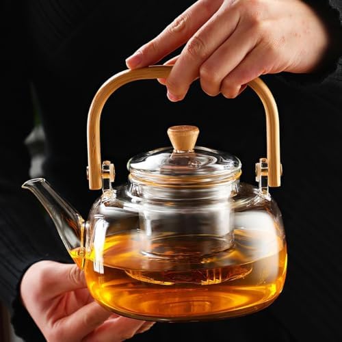 Bambu Saplı Dayanıklı Borosilikat Cam Süzgeçli Demlik 1000ml, Dayanıklı Cam Bitki Çayı Demliği 1000ml