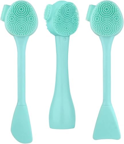 Bolivia's Silikon yüzey fırçası, 4'ü 1 arada yüz temizleme fırçası, krem uygulayıcılı çift uçlu yüz fırçası, cilt bakımı ve masaj için, 3 farklı tasarımlı el tipi yüz fırçası (Yeşil)