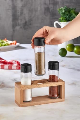 3lü Ahşap Stantlı Baharat Takımı Lisa Baharatlık Seti Siyah
