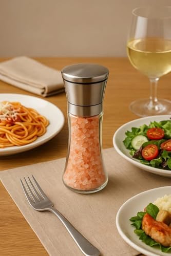 Cam Gövdeli Metal Krom Renk Kapaklı Tuz Karabiber Değirmeni Tuz Karabiber Öğütücü 19 Cm 2 Adet