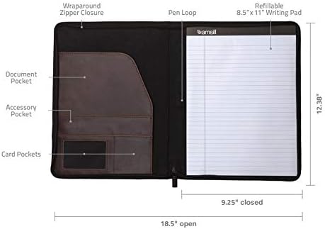 Portföy/Fermuar Faux Deri Portföy, Kitap Tarzı Ciltli Tasarım, İş ve Röportaj Padfolio Organizatör, 8.5 x 11 Yazı Pad, Koyu Kahverengi