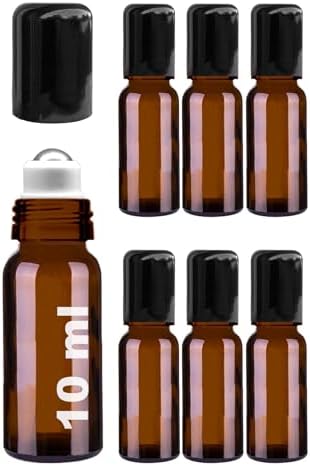 Afracam 10 ml Çelik Roll On Şişesi 10 cc Sızdırmaz Siyah Kapaklı Cam Şişe 6 Adet (Amber, 10)