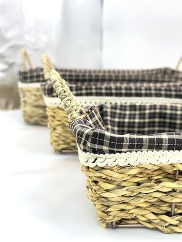 3'lü Hasır Sepet Seti – Bezli Ekmek Sepeti, Dekoratif Doğal Hasır Saklama Sepeti, Mutfak ve Banyo Düzenleyici, Havlu ve Meyve Sepeti, Çok Amaçlı Hasır Sepet Takımı (Kulplu Dikdörtgen)