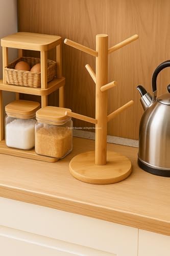 Ahşap Bambu Kupa Bardak Askısı 6'lı Stand Doğal Mutfak Tezgahı İçin Kupa Standı Bardak Tutucu Modern Dekoratif Dayanıklı Kolay Kurulumlu Organizer (Yuvarlak)