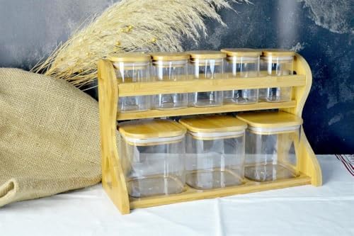 Bambu Serisi 8'li Kare Borasilikat Standlı Baharatlık Seti