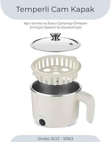 SCO-5063 Çok Fonksiyonlu Buharlı Pişirici – 1 Litre Kapasite, Paslanmaz Gizli Rezistans, Temperli Cam Kapak, Krem Renk