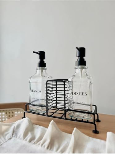 2’li Metal Standlı Cam Sıvı Sabunluk ve Losyonluk Seti – Süngerlik Hazneli Şeffaf Cam Şişe, Banyo ve Mutfak Tezgahı İçin Şık ve Kullanışlı Pompalı Sıvı Sabunluk Takımı (Siyah)