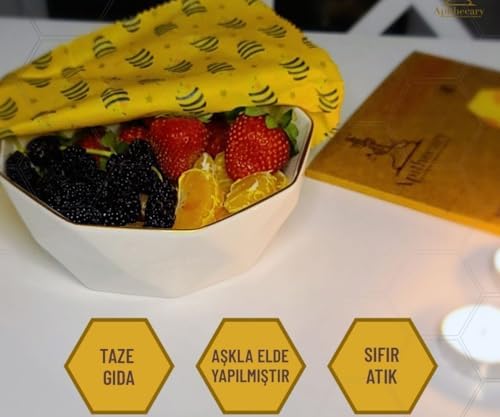 Gıda Sargısı - Arı Desenli-Organik– Yeniden Kullanılabilir - Çevre Dostu - Sıfır Atık - Ekmek ve Sandviç Sargısı - Sürdürülebilir- Yeniden Kullanılabilir, 3'lü Set (S,M,L)