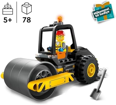 City Yol Silindiri 60401 – 5 Yaş ve Üzeri Kız ve Erkek Çocuklar için Doğum Günü Hediyesi Fikri, Kürekli ve Baretli İnşaat İşçisi Minifigürü İçeren Yaratıcı Oyuncak Yapım Seti (78 Parça)