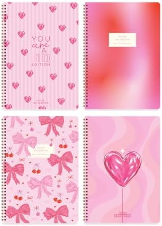 A4 Spiralli Karton Kapak 4’lü Set Çizgili Okul Defteri 80 yaprak, Ders Programlı Kırmızı Kalp