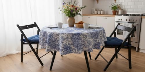 & Laurel Dokuma Kumaş Masa Örtüsü Mavi Ağırlıklı (Mavi Beyaz, 160 Yuvarlak)