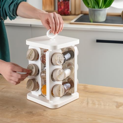 1082 Kare Prizma Döner Standlı Döner Kapaklı 12'li Cam Baharatlık-Düzenleyici Organizer-Beyaz Cappuccino