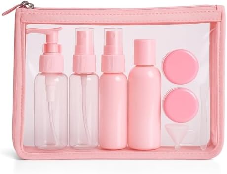 9 Parça Bej Seyahat Seti – Doldurulabilir Boş Şişe ve Krem Kutusu Seti | Şeffaf Çantalı, Uçak Kabin Onaylı (Pembe)
