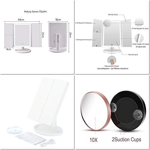 - 1X-2X-3X-10X Büyütmeli 37 LED Işıklı Makyaj Aynası, 3 Panel, Katlanabilir, Dokunmatik Sensörlü (Beyaz)