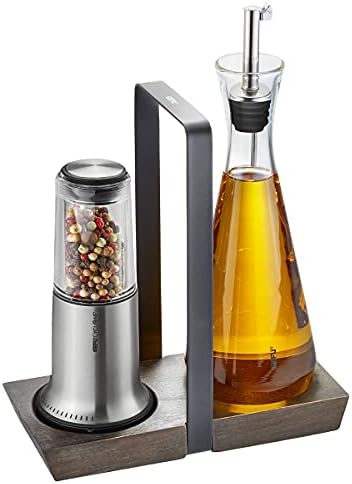 Menage X-PLOSION M – Tuz ve Karabiber Değirmeni Altlık, Dondurulmamış, Ahşap, Yüksek Kaliteli Paslanmaz Çelik, Baharat Değirmeni, Sirke Dispenseri, Zeytinyağı Dispenseri,
