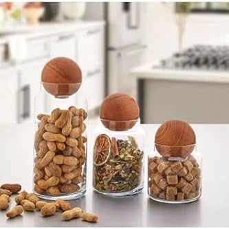 3'lü Cam Kavanoz Seti – 500 ml, 800 ml, 1300 ml – Akasya Ağacı Ahşap Top Kapaklı, Hava Geçirmez, Şık ve Sağlıklı Saklama Kabı