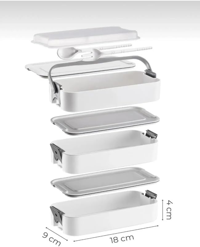 1260 ml 3 Katlı 6 Bölmeli BPA'sız PP Plastik Sefer Taşıma ve Beslenme Çantası, Kilitli Bento Lunch Box, Mikrodalgaya Uygun, Çatal ve Kaşık Dahil (Gri)