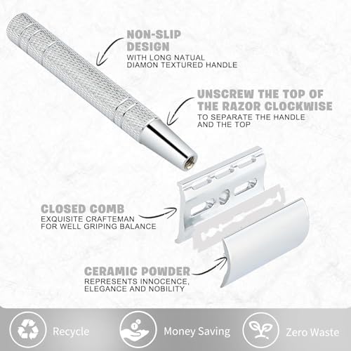 Aputue Manuel Tıraş Makinesi, Çift Ağızlı Güvenli Tıraş Bıçağı, 10 Adet Platin Kaplama Paslanmaz Çelik Tıraş Bıçağı ile, Erkek ve Kadınlar İçin Yeniden Kullanılabilir Tıraş Bıçağı (Gümüş)