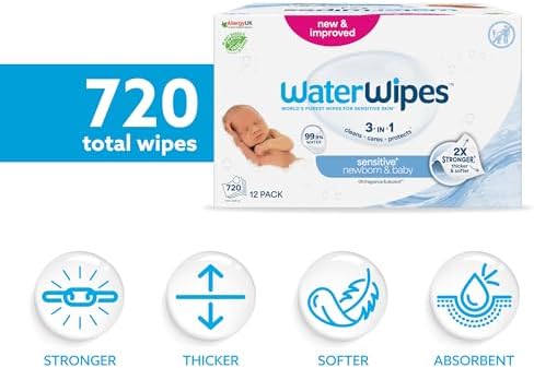 WaterWipes Yeni Doğan & Hassas Ciltler için 720 Yaprak Bebek Islak Mendili (12 x 60 Adet), Bitki Tabanlı