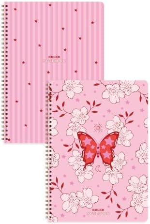 A4 Spiralli Karton Kapak 2’li Set Çizgili Okul Defteri 80 yaprak, Ders Programlı Pembe Kelebek