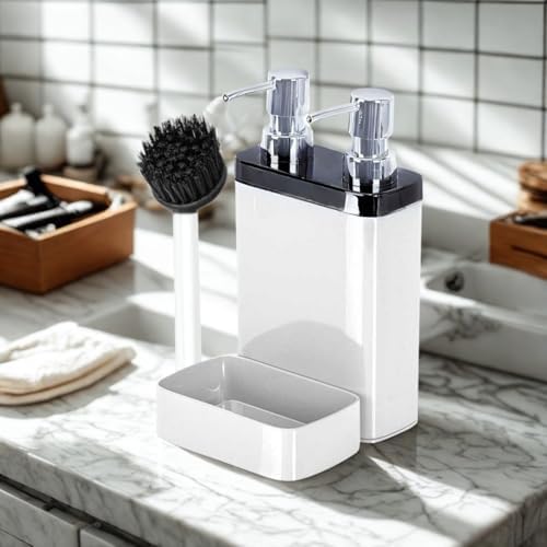 2’li Sıvı Sabun ve Bulaşık Deterjanı Dispenser Seti – Krom Kapaklı, Fırça ve Sünger Hazneli Şık Mutfak/Banyo Organizer