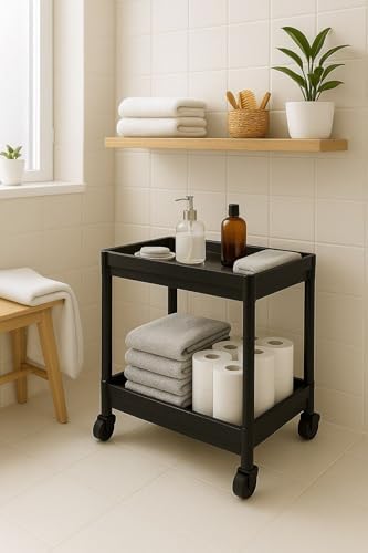 Sas Haus Pro 2 Katlı Siyah Tekerlekli Çok Amaçlı Banyo & Mutfak Düzenleyici Raf – Evye Altı Deterj Siyah 40 X 35