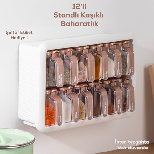 1119 12li Standlı Kendinden Yapışkanlı Kaşıklı Kapaklı Baharatlık Saklama Kabı Seti - Beyaz